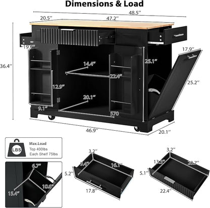 Ball & Cast Fluted Kitchen Island with Trash Can Storage Cabinet,Power Outlet,Internal Storage Rack,Rolling Kitchen Islands On 5 Wheels W/3 Drawers & 3 Open Side Racks for 10 Gallon Garbage Bin,Black