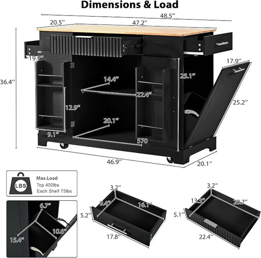 Ball & Cast Fluted Kitchen Island with Trash Can Storage Cabinet,Power Outlet,Internal Storage Rack,Rolling Kitchen Islands On 5 Wheels W/3 Drawers & 3 Open Side Racks for 10 Gallon Garbage Bin,Black