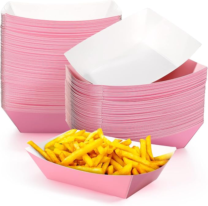 100 Pcs 2lb Paper Food Trays Boat Nacho Boats for Hot Dogs, Pink | Grease-Resistant, Disposable Kraft Paper Boat for Tacos Concession, Food Trucks, Birthday, Wedding, Christmas, Halloween
