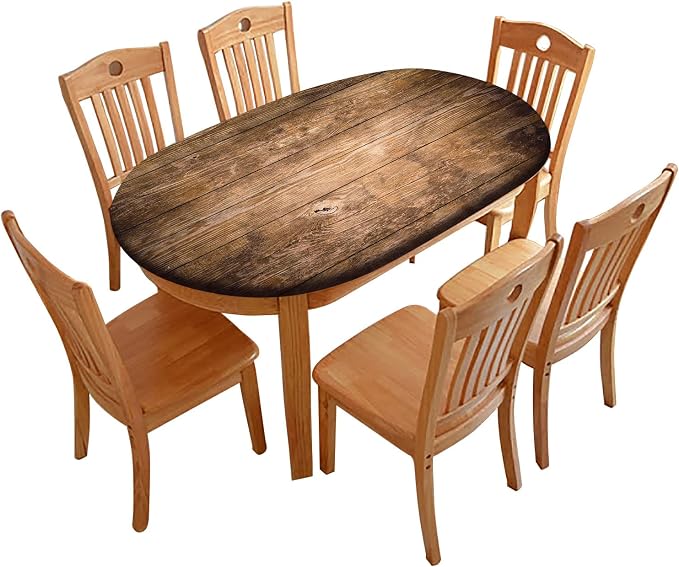 Rustic Oval Wood Grain Table Cloths, Planks Elastic Edged Polyester Fitted Cover, Fits Tables up to 42'' W x 60'' L, Brown
