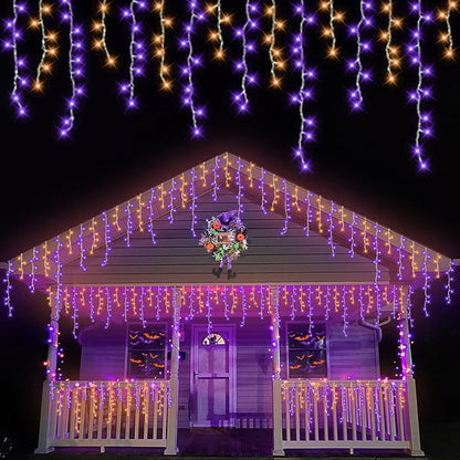 YEGUO 66ft 800 LED Orange and Purple Icicle Halloween Lights, 160 Drops Icicle Lights Connectable, 8 Modes Icicle Christmas Light with Memory Timer