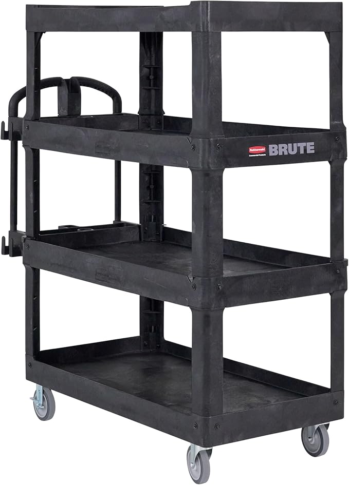New Rubbermaid Commercial Products 4-Shelf Utility/Service Quad Cart, Heavy Duty Large, Lipped Shelf, Ergonomic Handle, 700 lbs. Capacity, for Warehouse/Garage/Cleaning/Manufacturing (2128657) Black