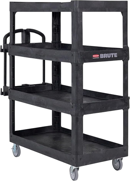 New Rubbermaid Commercial Products 4-Shelf Utility/Service Quad Cart, Heavy Duty Large, Lipped Shelf, Ergonomic Handle, 700 lbs. Capacity, for Warehouse/Garage/Cleaning/Manufacturing (2128657) Black