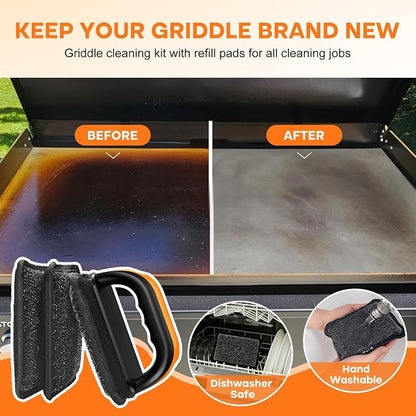 Griddle Cleaning Kit for Blackstone Rust Removal Restoration Pad | 3 Griddle Cleaning Pads & 1 Ergonomic Handle For Flat Top Grill, Brush with Flexible Steel Wire Layer Removes Stubborn Grease