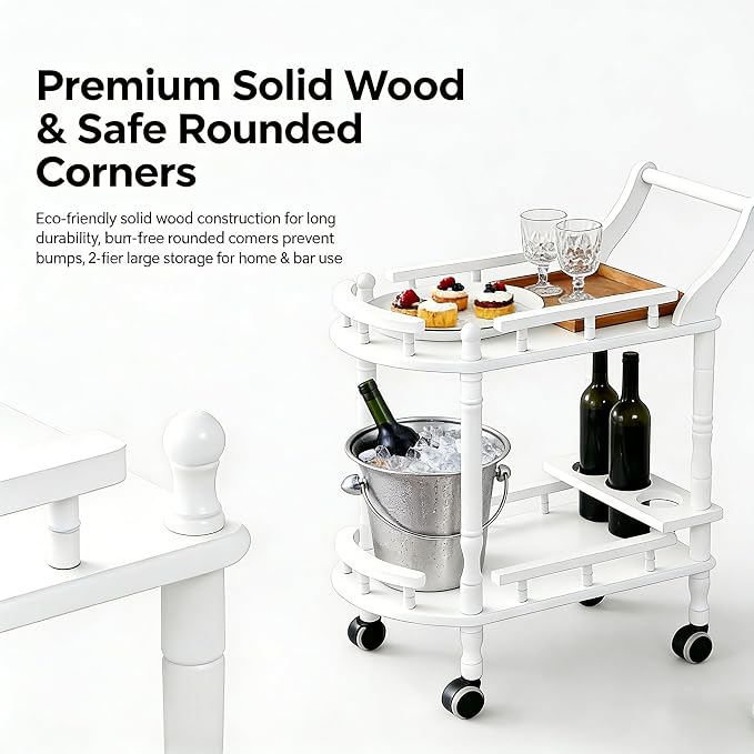 Entertainment Kitchen Cart, Midcentury Modern Imported rubberwood White Finished Wood 2-Tier Mobile Bar Cart Serving Cart