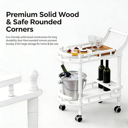 Entertainment Kitchen Cart, Midcentury Modern Imported rubberwood White Finished Wood 2-Tier Mobile Bar Cart Serving Cart
