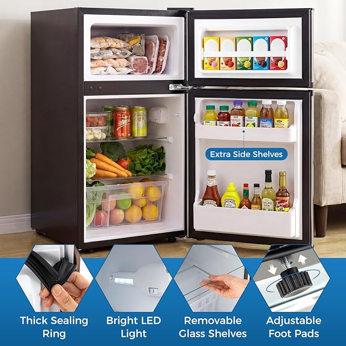COSTWAY Compact Refrigerator, 3.2 Cu.Ft. Fridge Freezer Compartment with Reversible 2 Door, Adjustable Thermostat, Removable Glass Shelves, Mini Refrigerator for Bedroom Dorm Apartment, Glossy Silver