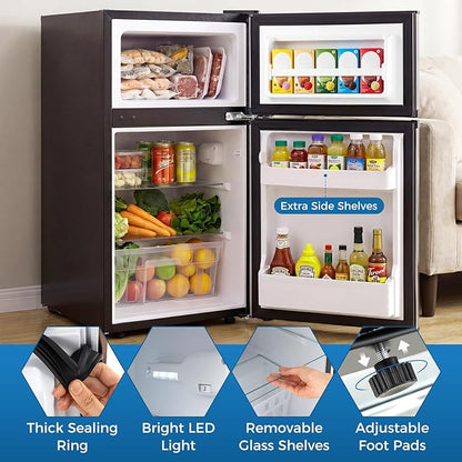 COSTWAY Compact Refrigerator, 3.2 Cu.Ft. Fridge Freezer Compartment with Reversible 2 Door, Adjustable Thermostat, Removable Glass Shelves, Mini Refrigerator for Bedroom Dorm Apartment, Glossy Silver