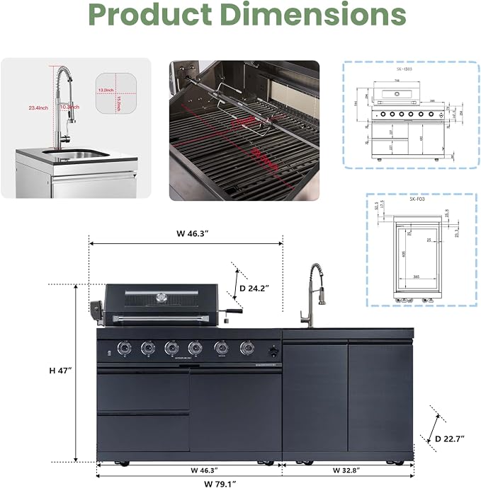 79" Rolling Outdoor Kitchen Island with Built-In 4-Burner 72,000 BTU Stainless Steel Propane Grill & Rotisserie Oven, Featuring Granite Countertops and Stainless Steel Sink.(Black + Sink, Propane Gas)