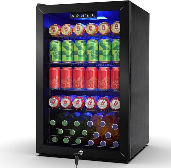 FoMup Beverage Refrigerator 150 Can with Glass Door – Mini Drink Cooler with Reversible Door, Safety Lock & Temperature Control, Small Fridge for Beer Soda Wine, Compact for Dorm Office Hotel