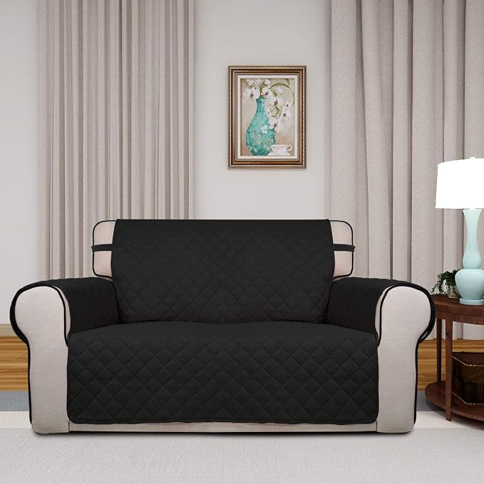 PureFit Reversible Quilted Couch Covers for Dogs Loveseat Sofa Cover 46.5” | Black/Beige, Water Resistant Couch Protector, Washable Pet Couch Cover with Non Slip and Elastic Straps For Kids