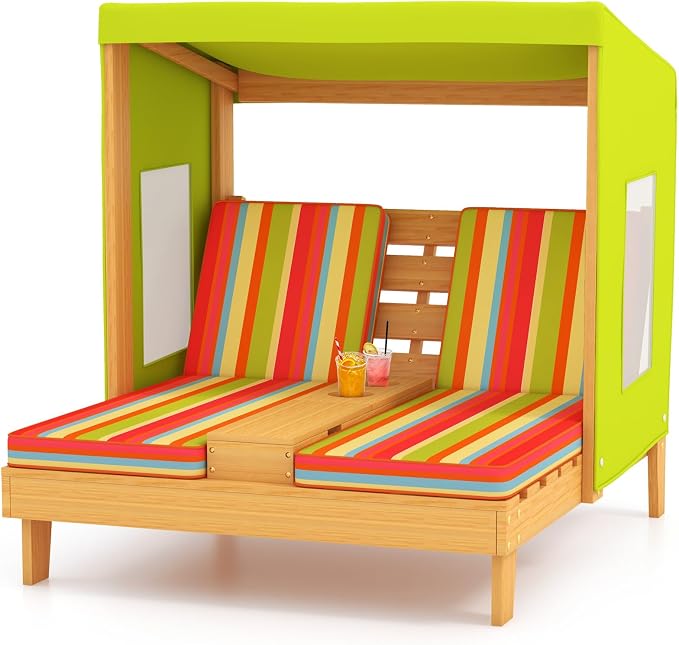 Kids Lounge Chair Outdoor, 2-Seat Toddler Patio Chair with Cushions, Cup Holders, Detachable Canopy, Wooden Double Chaise Lounge for Lawn, Pool, Garden, and Yard (Green)