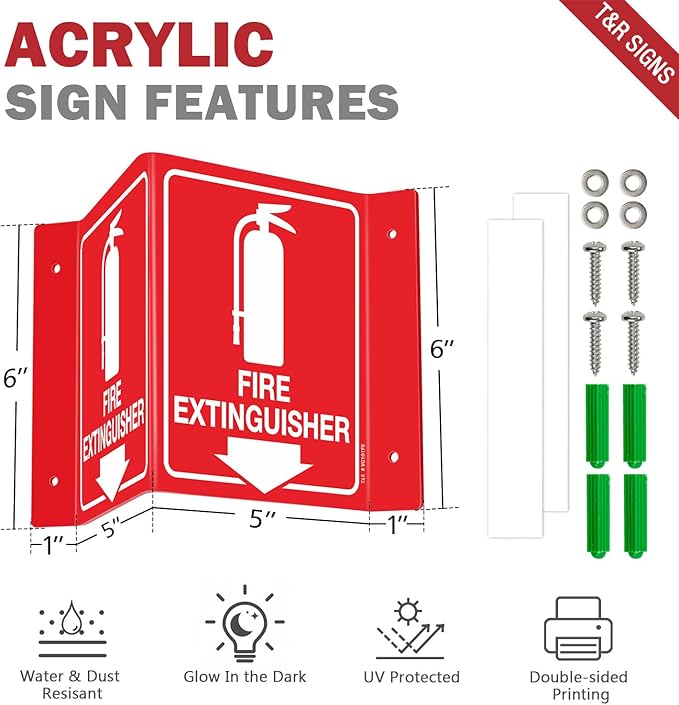 T&R Fire Extinguisher Sign, Fire Extinguisher with Down Arrow - 4 Pack - 8 x 6 Inches Glow-In-The-Dark Acrylic, 4 pre-drilled holes, Includes Matching Screws, Use for Home Office/Business
