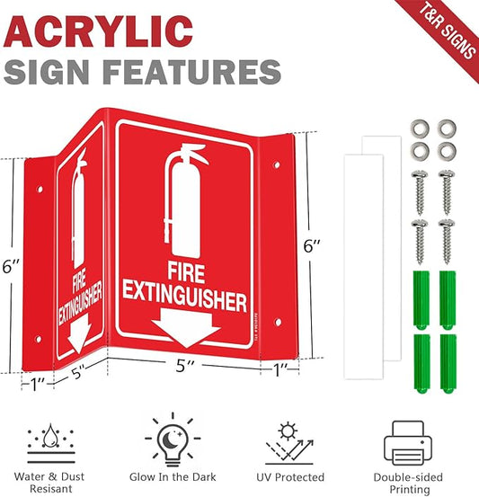 T&R Fire Extinguisher Sign, Fire Extinguisher with Down Arrow - 4 Pack - 8 x 6 Inches Glow-In-The-Dark Acrylic, 4 pre-drilled holes, Includes Matching Screws, Use for Home Office/Business