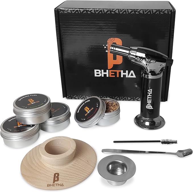 BHETHA-Cocktail Smoker Kit with Torch, 4 tasty Wood Chips Flavors (Apple, Walnut, Cherry, Oak) for Bourbon & Whiskey- Bar accessories for old fashion cocktails. Gifts for Men, Husband, Dad (No Butane)