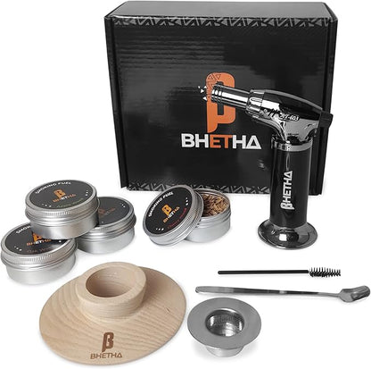 BHETHA-Cocktail Smoker Kit with Torch, 4 tasty Wood Chips Flavors (Apple, Walnut, Cherry, Oak) for Bourbon & Whiskey- Bar accessories for old fashion cocktails. Gifts for Men, Husband, Dad (No Butane)