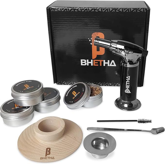 BHETHA-Cocktail Smoker Kit with Torch, 4 tasty Wood Chips Flavors (Apple, Walnut, Cherry, Oak) for Bourbon & Whiskey- Bar accessories for old fashion cocktails. Gifts for Men, Husband, Dad (No Butane)