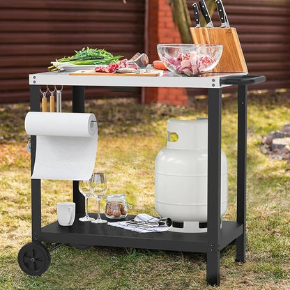 32x20IN Double-Shelves Grill Table, Outdoor Grill Cart for Blackstone Griddle, Movable Pizza Oven Table Cart for Outside Patio, Kitchen Cooking Food Prep Table for Party