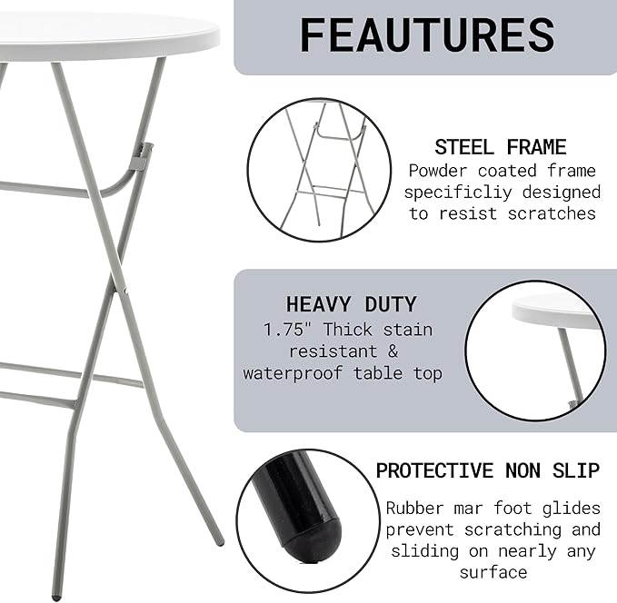 BTEXPERT Set of 5, White 2.63' Round Bar Height Folding Table 330lb Weight Capacity Commercial Indoor Outdoor Portable Banquet Patio Backyard Dining Wedding Party Events Home Thick Top Metal Frame