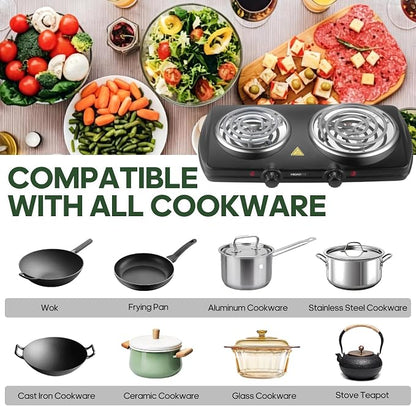 Double Burner Hot Plate Electric, 1800 Watts Electric Burner with 5.2" & 6" Coiled Element, Adjustable Temperature, for Dorm, Office, Home, Camp, Compatible for All Cookwares