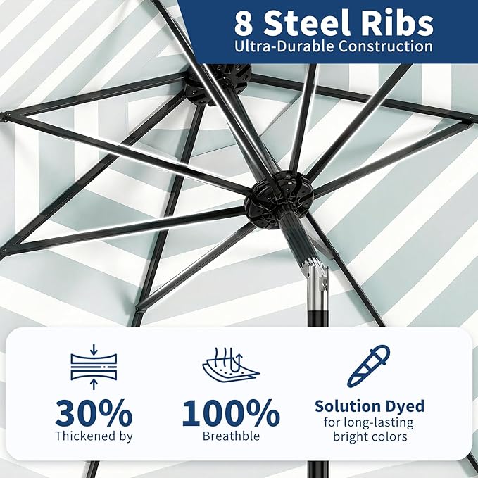 Garvee 10FT Outdoor Patio Umbrella 8 Sturdy Ribs Outdoor Table Umbrella with Crank Lift & Push Button Tilt UV Protection Waterproof Market Umbrellas for Pool Deck Yard, Turquoise & White Stripes