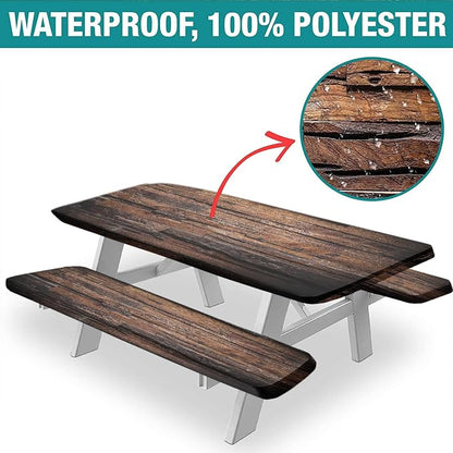 Rustic Brown Hardwood Elastic Fitted Tablecloth and Seat Covers, Rough Chocolate Dark Timber Rectangle Tablecloths, 3 Pieces Set, Wood Texture Table Cloths for Outdoor Party Camping Use, 72x28 Inch
