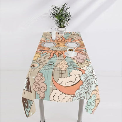 Retro Sun Moon Tablecloth Vintage Mystical Astrology Tarot Zodiac Galaxy Space Table Cloth Water Resistant Wipeable Table Cover for Farmhouse Picnic Party Holiday Kitchen Dinner Table 60"x110"