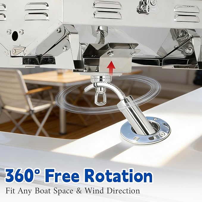 304 Stainless Steel Boat Grill, Portable Propane Marine Grill with Rod Holder Mount, Pontoon Boat BBQ Grill, 208 Sq.In Cooking Area