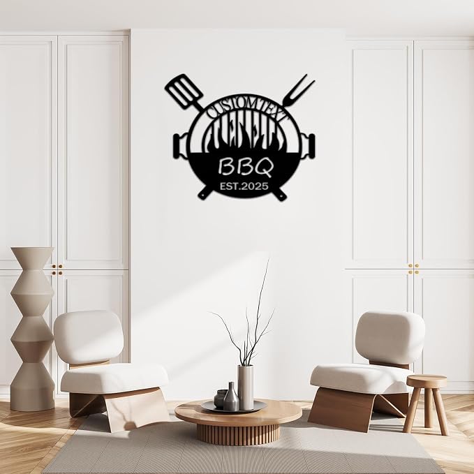 Custom BBQ Metal Sign, Personalized Grill Name Plate with LED Light, 1.2MM Thick Magnetic Installation, Unique Gift for Chefs & Backyard Kitchen Wall Decor (Style A)