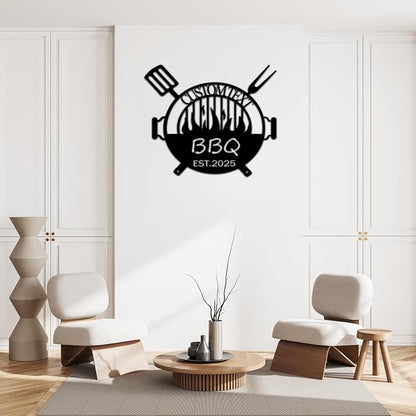 Custom BBQ Metal Sign, Personalized Grill Name Plate with LED Light, 1.2MM Thick Magnetic Installation, Unique Gift for Chefs & Backyard Kitchen Wall Decor (Style A)