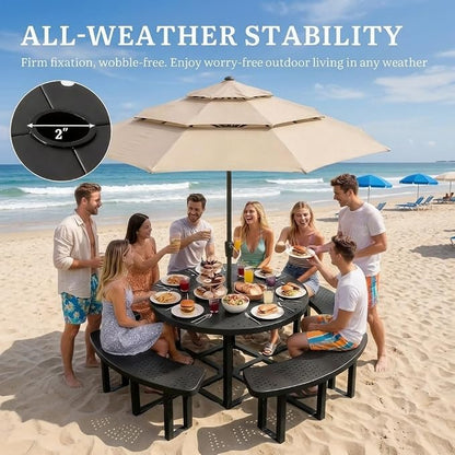 YITAHOME 38 in Metal Picnic Table, Powder Coated Outdoor Picnic Table with Heavy-Duty Steel Frame, Adjustable Seats & Umbrella Hole for Yard, Patio, Lawn, Party, Black, Round