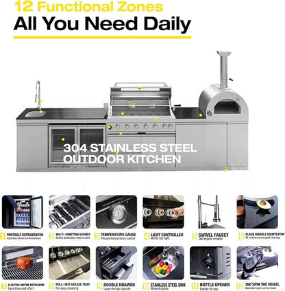147" Outdoor Kitchen Island,Natural Gas BBQ Grill with Pizza Oven,Rotisserie,Double Door Refrigerator,Storage Cabinets,Granite Countertop & Drawers,120,000 BTU,Stainless Steel Material.