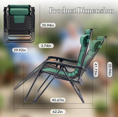 NEWBULIG Padded Zero Gravity Chair, Folding Lounge Chair Outdoor, Green | Foldable Beach Camping Recliner Chair with Adjustable Pillow and Trays for Poolside Lawn Patio