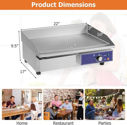 Happygrill 22" Commercial Electric Griddle, Stainless Steel Flat Top Grill w/Adjustable Temperature Control 122℉-572℉, Complete Accessories, 2000 W Electric Countertop Griddle for Kitchen Restaurant