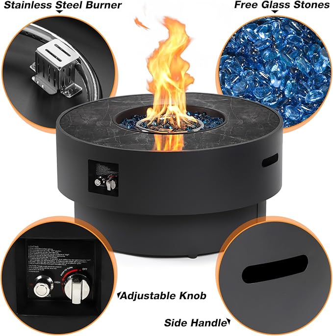 32" Outdoor Propane Fire Pit Table, 50,000 BTU Gas Fire Table with Tank Cover, Marble-Look Ceramic Top, Steel Lid, & Rain Cover, Round Patio Firepit for Backyard, Garden, Party