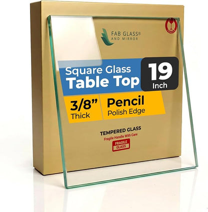 Clear Tempered Glass Table Top 19 Inch Square Pencil Polished Edge with 3/8 Inch Thickness for Dining, Coffee or Side Tables by Fab Glass and Mirror