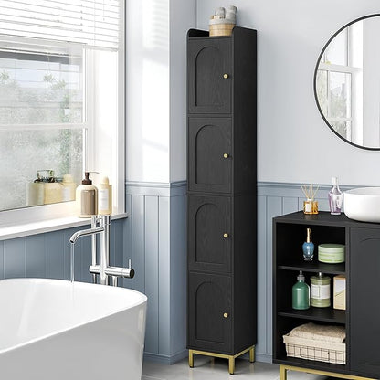 Hzuaneri 4-Tier Narrow Tall Storage Cabinet, Slim Bathroom Storage Cabinet with 4 Adjustable Feet and Shelves, Bathroom Organization for Small Space, Kitchen, Living Room, Laundry Room Black BC43304G