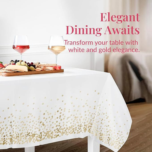 Prestee 12-Pack White and Gold Tablecloth - 54x108 Inch - Disposable Table Covers for Party, Weddings, and Holidays - Waterproof Christmas Tablecloth, Stain-Resistant Plastic Table Cover Set