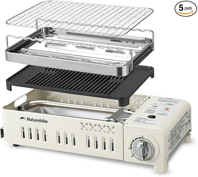 Naturehike Butane Grill Stove Outdoor Camping Stove Portable with Detachable 4-Piece Cookware Set with Carrying Bag for Picnic Backpacking and Tailgating