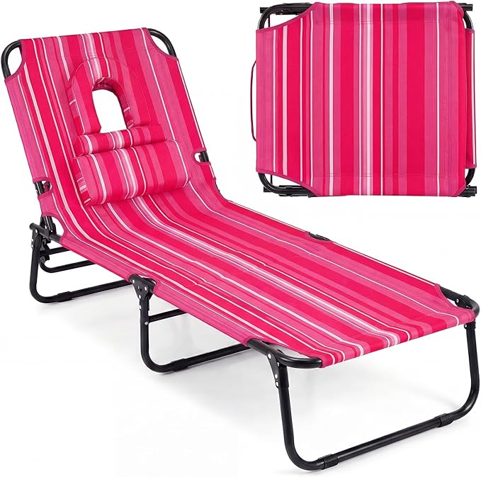 GYMAX Tanning Chair, Folding Lounge Chairs with Face Hole & Cover, Removable Pillow Carry Handle, Portable Compact Outdoor Layout Recliner for Beach, Poolside, Lawn, Patio, Camping (Pink Stripe,1)