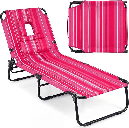 GYMAX Tanning Chair, Folding Lounge Chairs with Face Hole & Cover, Removable Pillow Carry Handle, Portable Compact Outdoor Layout Recliner for Beach, Poolside, Lawn, Patio, Camping (Pink Stripe,1)