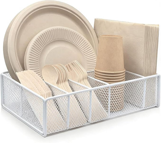 DysanVica Metal Paper Plate Holder - Utensil Silverware Caddy White | Kitchen Counter Cabinet Cutlery Flatware Organizer Storage Dispenser Box Plastic Spoon Fork Plates Napkins Cup Party Camping