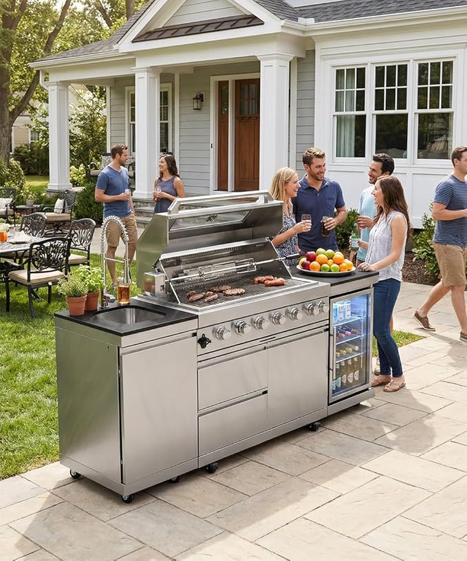 Outdoor Kitchen Island Barbecue Grill with Refrigerator & Rotisserie, Heavy-Duty Stainless Steel Freestanding Grills Station, Weather-Resistant Cooking Cabinet for Backyard & Summer Propane Gas