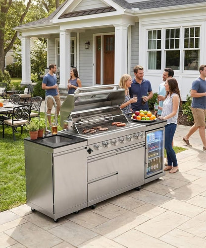 Outdoor Kitchen Island Barbecue Grill with Refrigerator & Rotisserie, Heavy-Duty Stainless Steel Freestanding Grills Station, Weather-Resistant Cooking Cabinet for Backyard & Summer Propane Gas