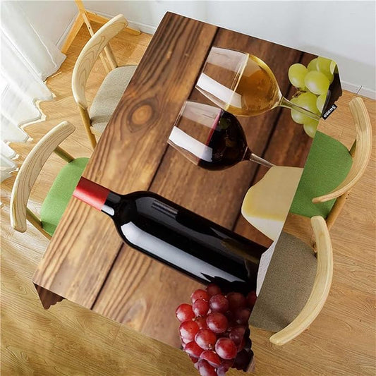Swono Wine and Cheese Table Cloth Rectangle Tables Red Wine Bottle Glass Cheese Grapes On Wood Kitchen Table Cover Oblong 52"X70" Tablecloth for Dining Table Buffet Parties Patio and Camping