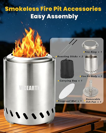 Tabletop Fire Pit 9.7 x 7.1 In, Portable Smokeless Mini Fire Pit for Patio & Camping, Stainless Steel Table Top Firepit for Wood Pellets, with Heat-Resistant Mat, Travel Bag & Roasting Sticks