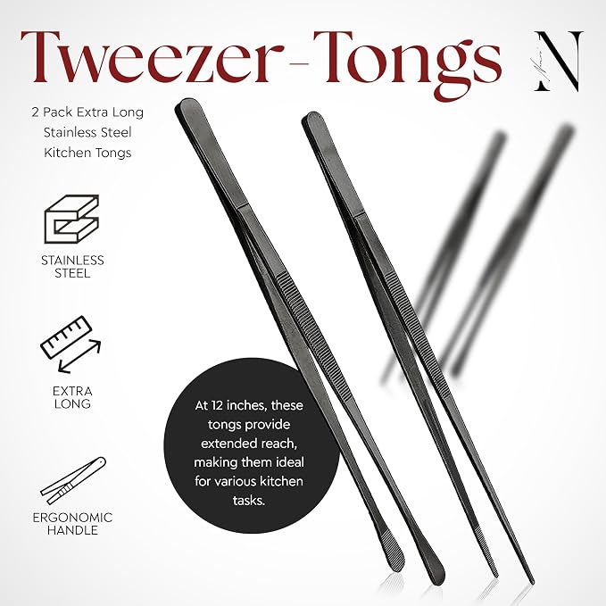 Namre Tweezer Tongs– 2 Pcs 12- Inch Stainless Steel 18/10 Thin Chopstick Precise & Strong Chef Tweezers for Food & Small Objects, Cooking Tongs for BBQ and Grills - 12 Inch - (Black)