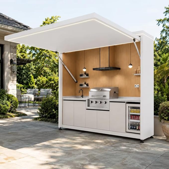 Outdoor Kitchen Island with Burner Gas Grill & Refrigerator, Modular BBQ Station with Rotisserie, Sink, Storage & Covered Roof – Premium Outdoor Kitchen Pod for Luxury Backyard, Villa, Resort