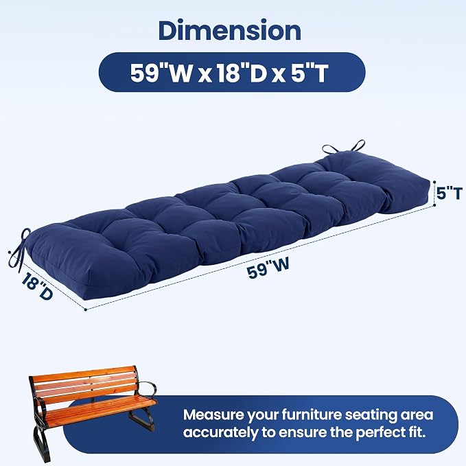 IASEAHK Outdoor Bench Cushion 59x18x5 Inch, Waterproof & Fade-Resistant Patio Furniture Cushions, Tufted Memory Foam Indoor/Outdoor Cushions for Couch Swing with Non-Slip Backing & Straps, Navy Blue