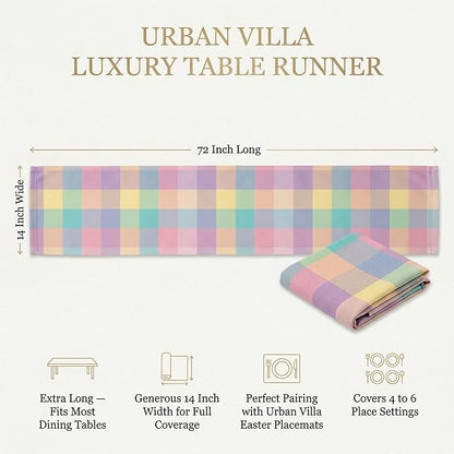 Urban Villa Easter Checks 100% Cotton Fused Table Runner, 14" x 72" Inches, Checkered/Plaid Pattern, Heavy Duty, Machine Washable, Eco-Friendly, Food Safe
